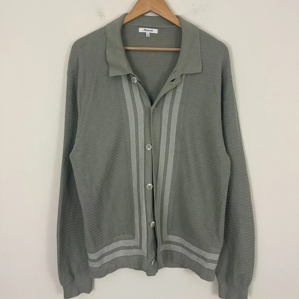 Madewell Sweater Polo Cardigan Sage Green Striped Long Sleeve Button Up Men M